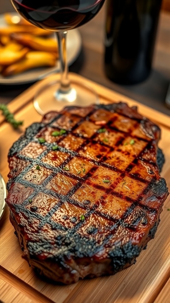 A juicy air-fried steak with grill marks, garnished with herbs, on a wooden board with roasted vegetables.